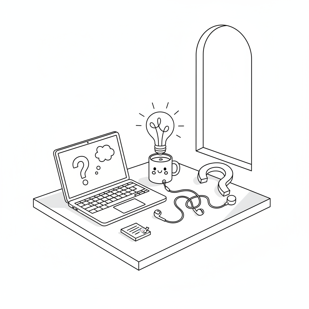 A minimalist desk scene in crisp black line-art: a slightly open laptop, a steaming mug, a tangled pair of earbuds, and a small stack of sticky notes, all drawn with witty exaggeration—cables looping into question marks, steam curling into lightbulb shapes. The desk floats in a clean, undefined white space, with a simple outline of a window in the background. Diffused, soft imaginary daylight is suggested by subtle directional shadows beneath objects. The composition uses the rule of thirds, with the laptop angled invitingly toward the viewer at an elevated, three-quarter view. The mood is calm, reflective, and gently humorous, capturing the vibe of a faceless blog dissecting technology, language, and media from a playful yet thoughtful distance.