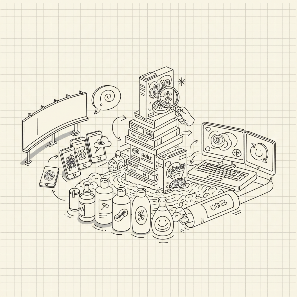 A whimsical, hand-drawn labyrinth of everyday objects—billboards, cereal boxes, phones, streaming screens, shampoo bottles—rendered in clean black line-art. Each object quietly exaggerates itself with tiny visual absurdities, like a magnifying glass examining a tiny asterisk on a box, or a speech bubble replaced by a swirling question mark. The scene unfolds across a blank, notebook-like background, with tidy doodle-style arrows connecting one object to another. Soft, even, studio-style lighting is implied through consistent line weights and simple shadows under each element. Composed as a wide, panoramic scene with gentle white space around the edges, it feels curious, playful, and analytical, suggesting thoughtful humor that scrutinizes everyday messages without any cruelty or direct text.